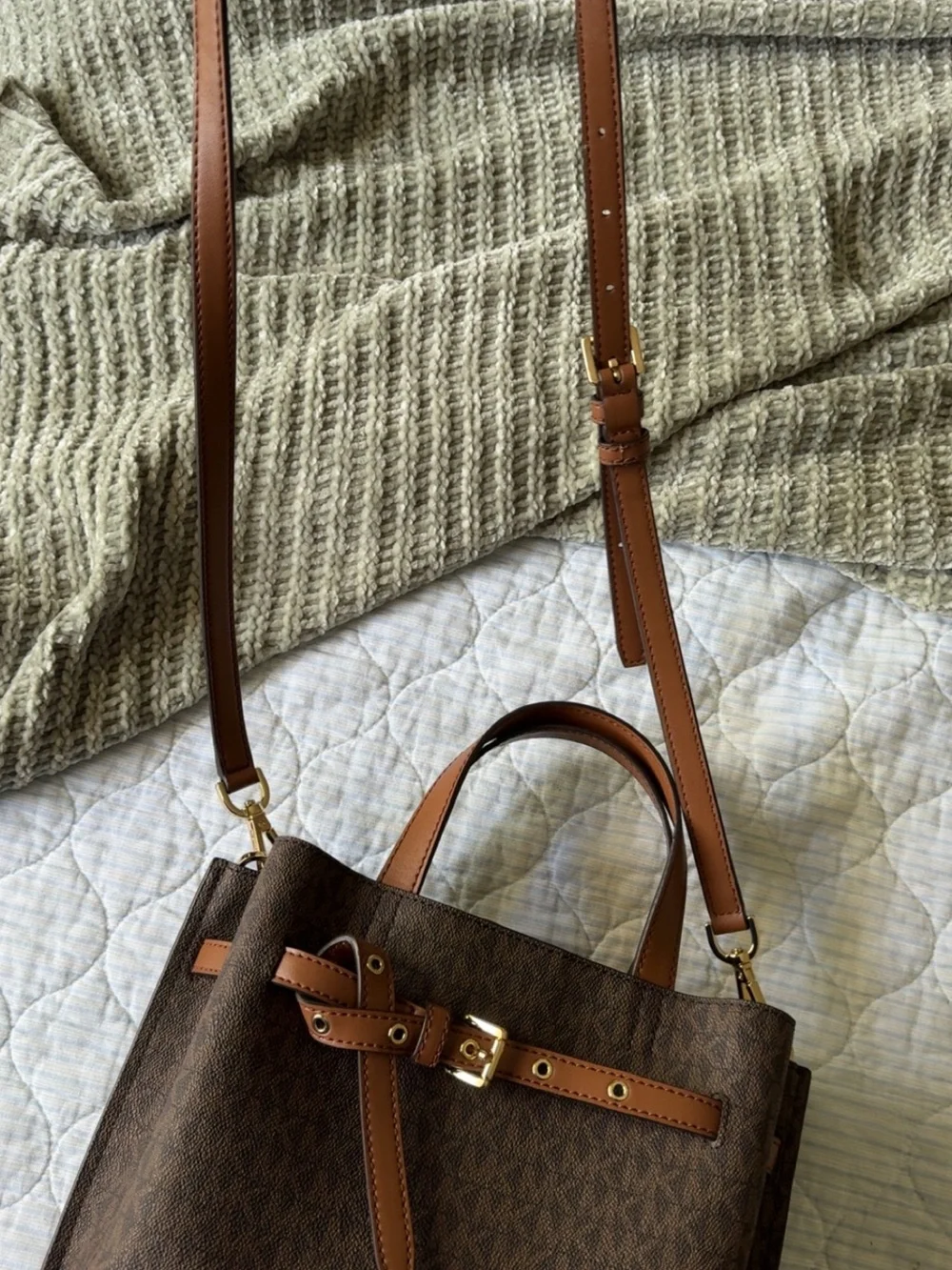 Michael Kors Brown Logo Belt-Detail Satchel with Tan Trim